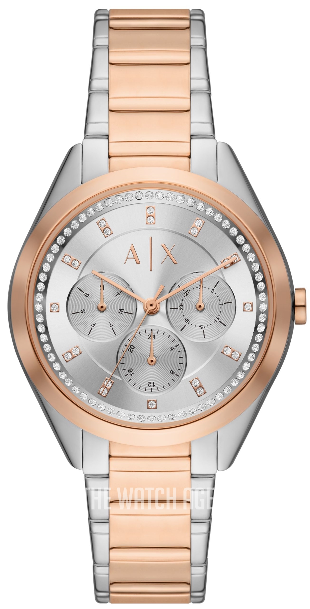 armani exchange silver and rose gold watch